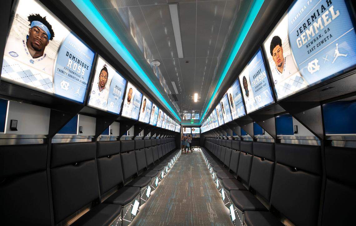 The interior of the newly renovated North Carolina football locker room at Kenan Stadium on July 29, 2019 in Chapel Hill, N.C.