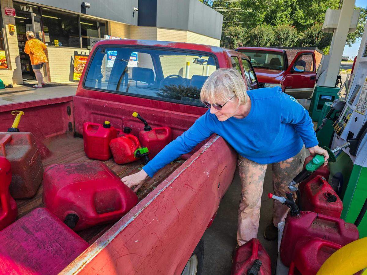 Terri Morrin drove 1.5 hours from Adawehi Wellness Village in Columbus, N.C. to a BP in Gastonia to get gas for her neighbors’ generators. They expected to be without power for a week on Saturday morning.