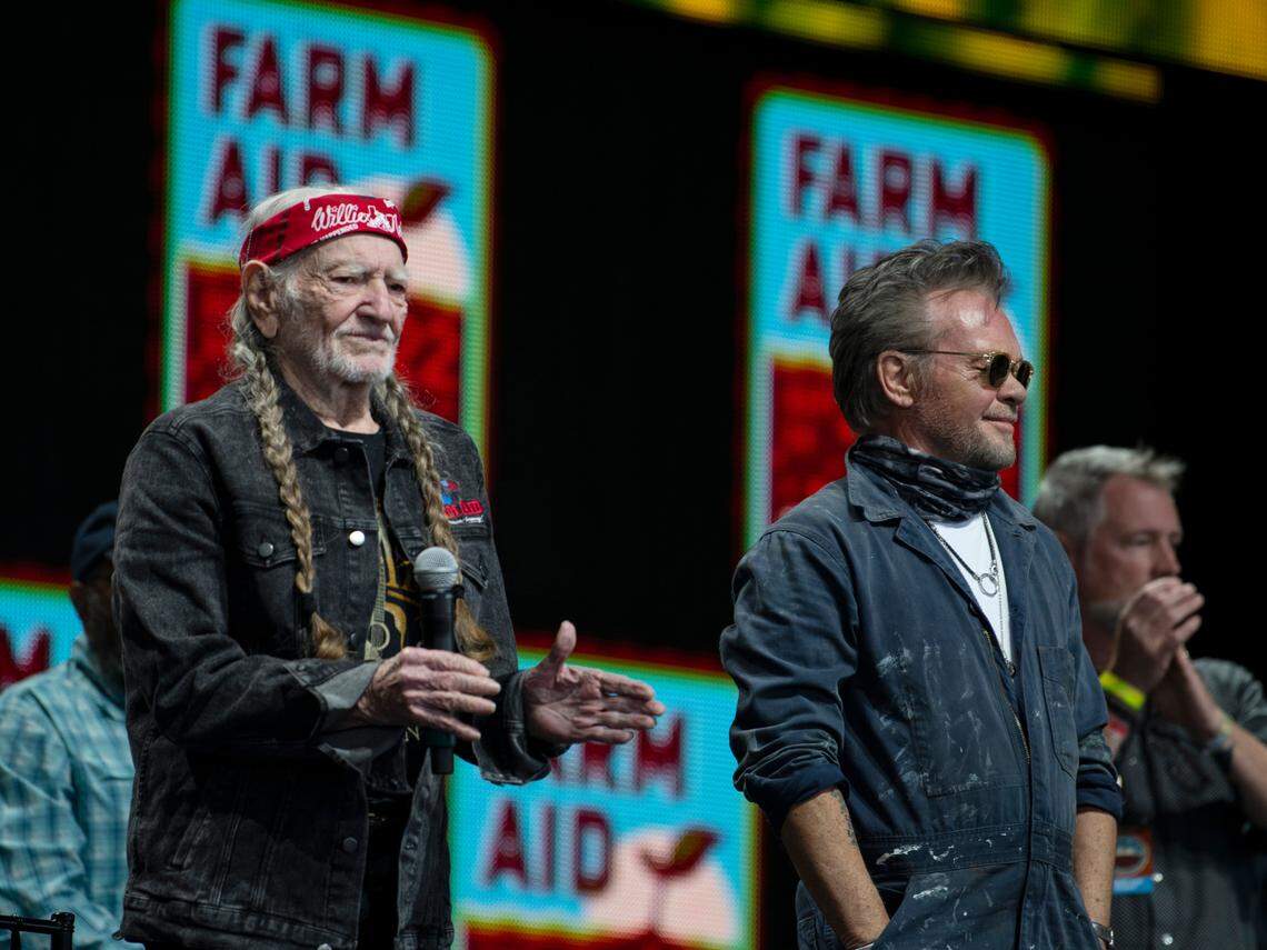 Willie Nelson and John Mellencamp great farmers and supporters at a press conference before Farm Aid at Raleigh, N.C.’s Coastal Credit Union Music Park at Walnut Creek, Saturday, Sept. 24, 2022.