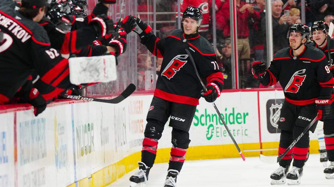 Carolina Hurricanes center Mark Jankowski (77) celebrates his goal against the Winnipeg Jets during the second period at Lenovo Center.