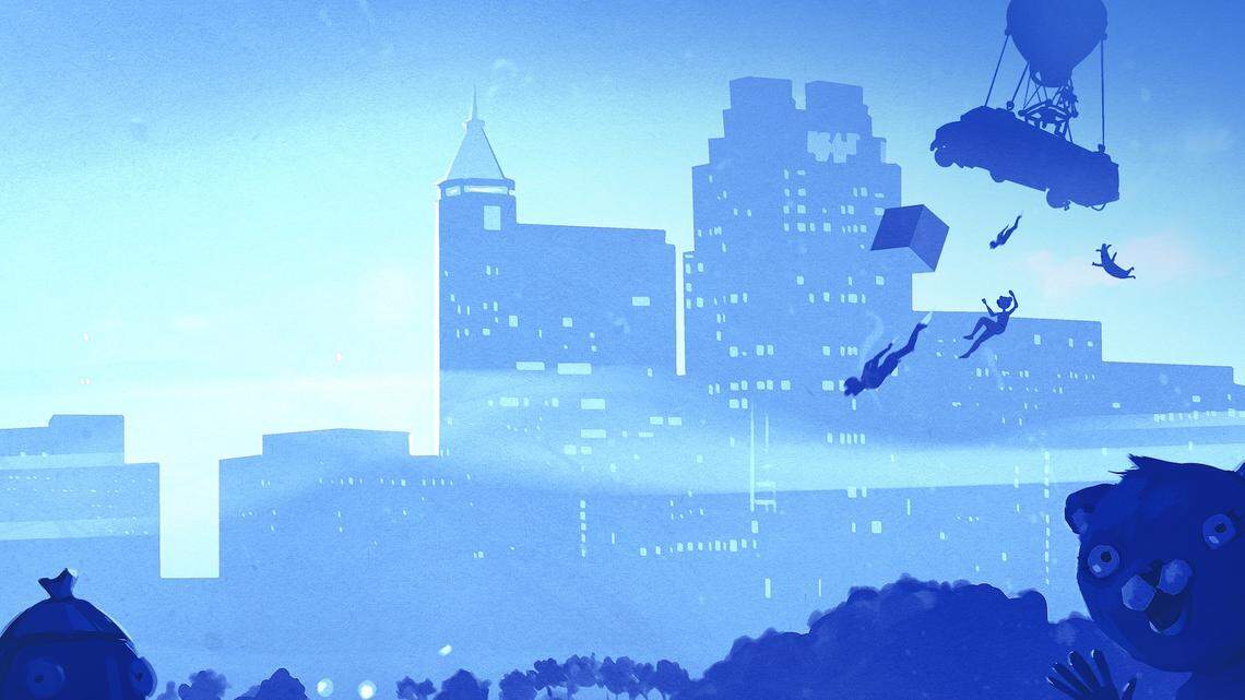 Illustration of Raleigh skyline peppered with silhouettes of Fortnite characters