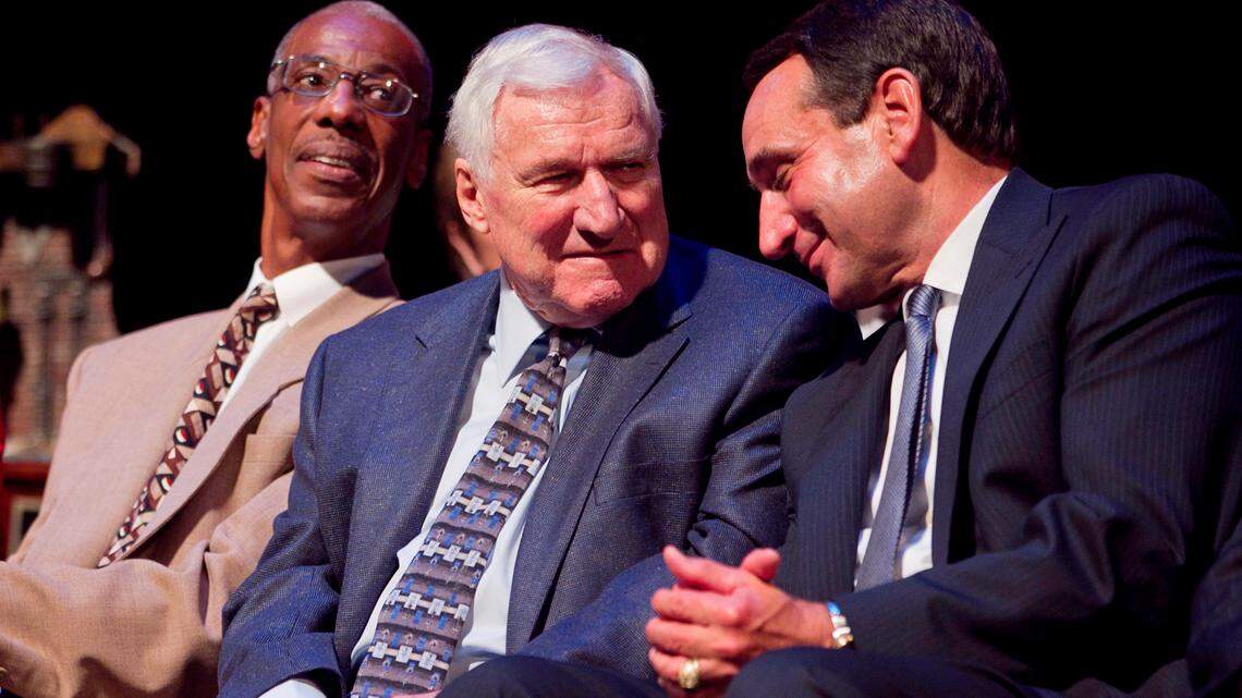 Duke coach Mike Krzyzewski acknowledges former UNC coach Dean Smith as he is honored with the Dr. James A. Naismith Good Sportsmanship Award on Wednesday June 29, 2011 at Memorial Auditorium in Raleigh, N.C.