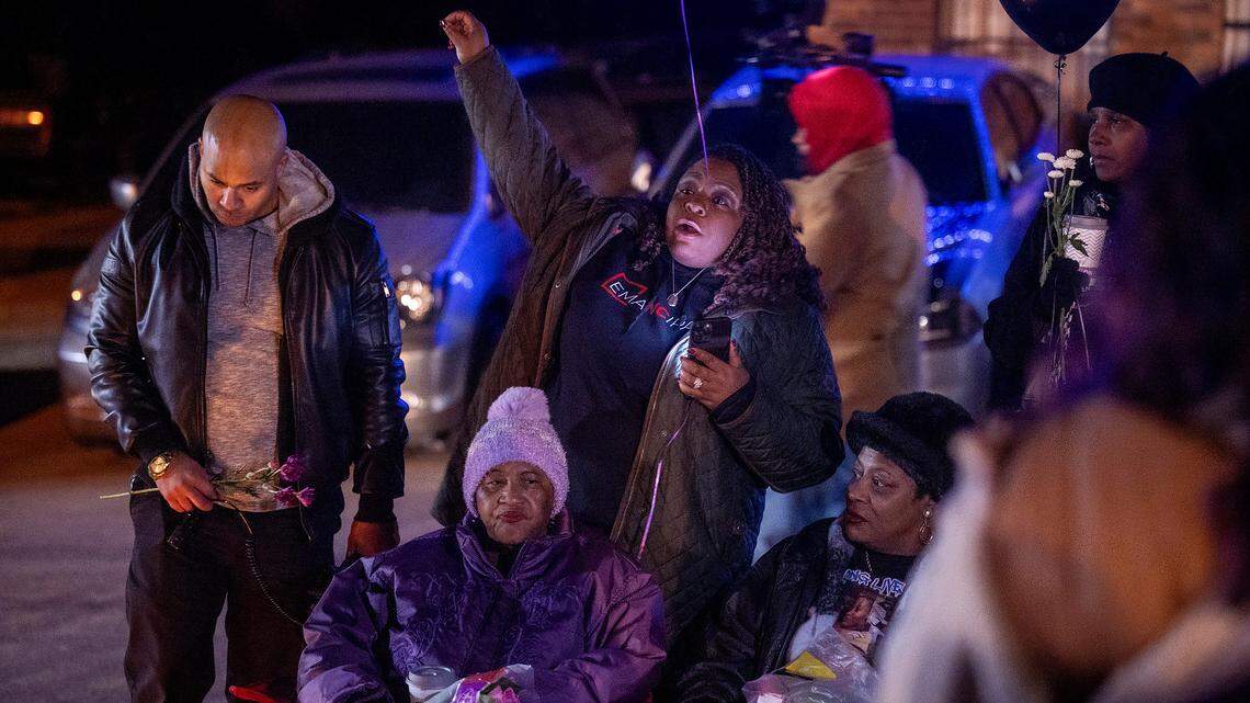 Attorney Dawn Blagrove, center, speaks as family, friends and activists hold a vigil for Darryl “Tyree” Williams in January 2023.