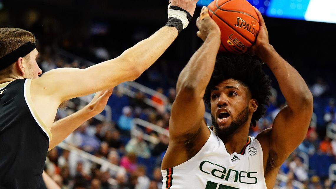 Miami (Fl) Hurricanes forward Norchad Omier (15) moves the ball into the lane against the Wake Forest Demon Deacons during the first half of the quarterfinals of the ACC tournament at Greensboro Coliseum.