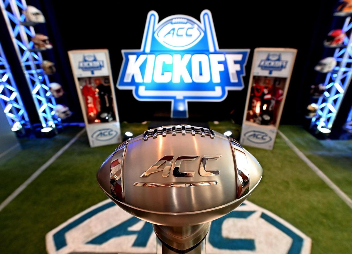 The ACC Championship trophy is among the displays at the conference’s 2023 ACC Football Kickoff event in Charlotte, NC on Tuesday, July 25, 2023.