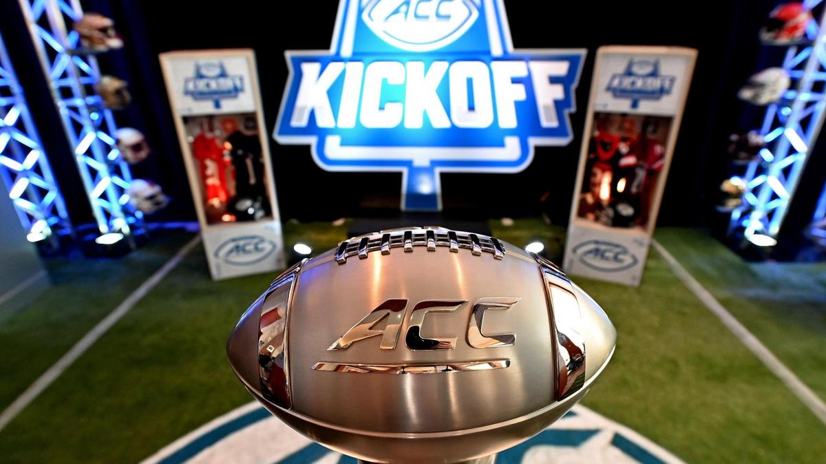 The ACC Championship trophy is among the displays at the conference’s 2023 ACC Football Kickoff event in Charlotte, NC on Tuesday, July 25, 2023.