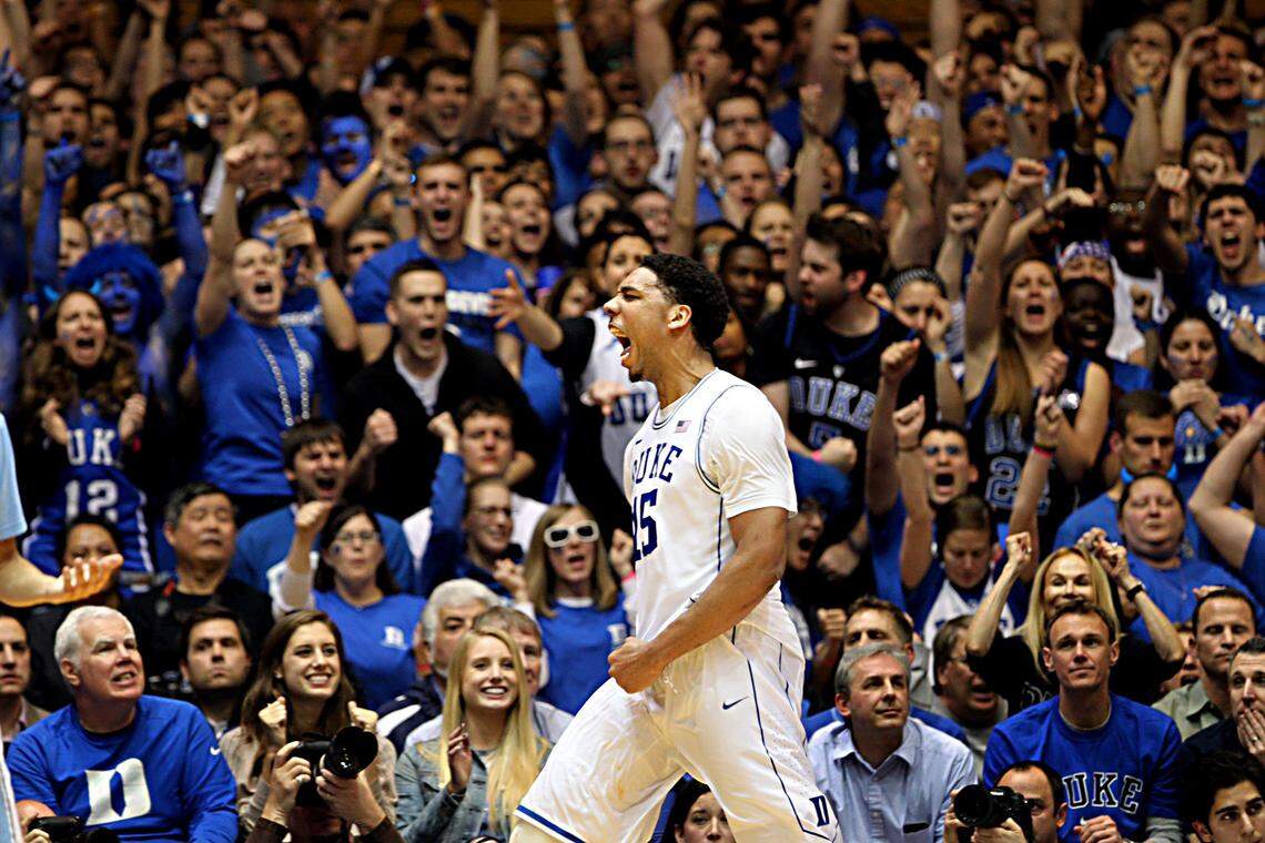 Duke’s Jahil Okafor celebrates during the Blue Devils’ victory over UNC at Cameron Indoor Stadium in 2015.