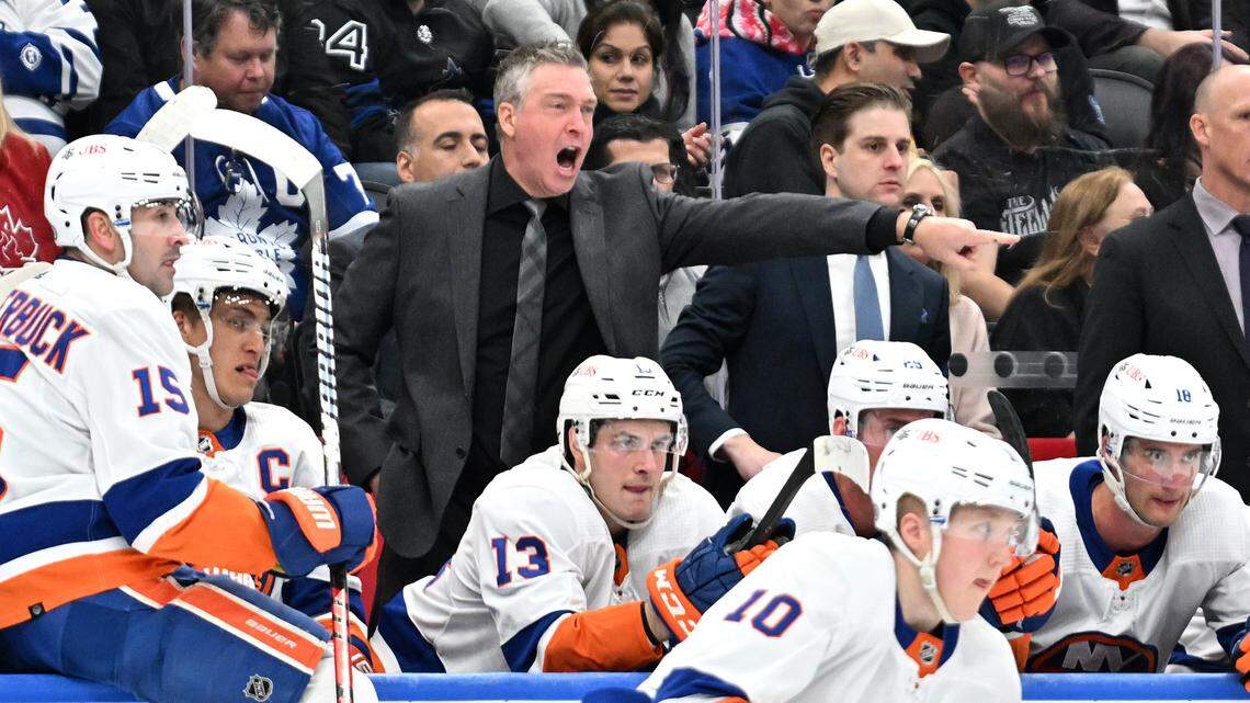 New York Islanders head coach Patrick Roy gestures as he speaks to his players in the second period against the Toronto Maple Leafs at Scotiabank Arena.