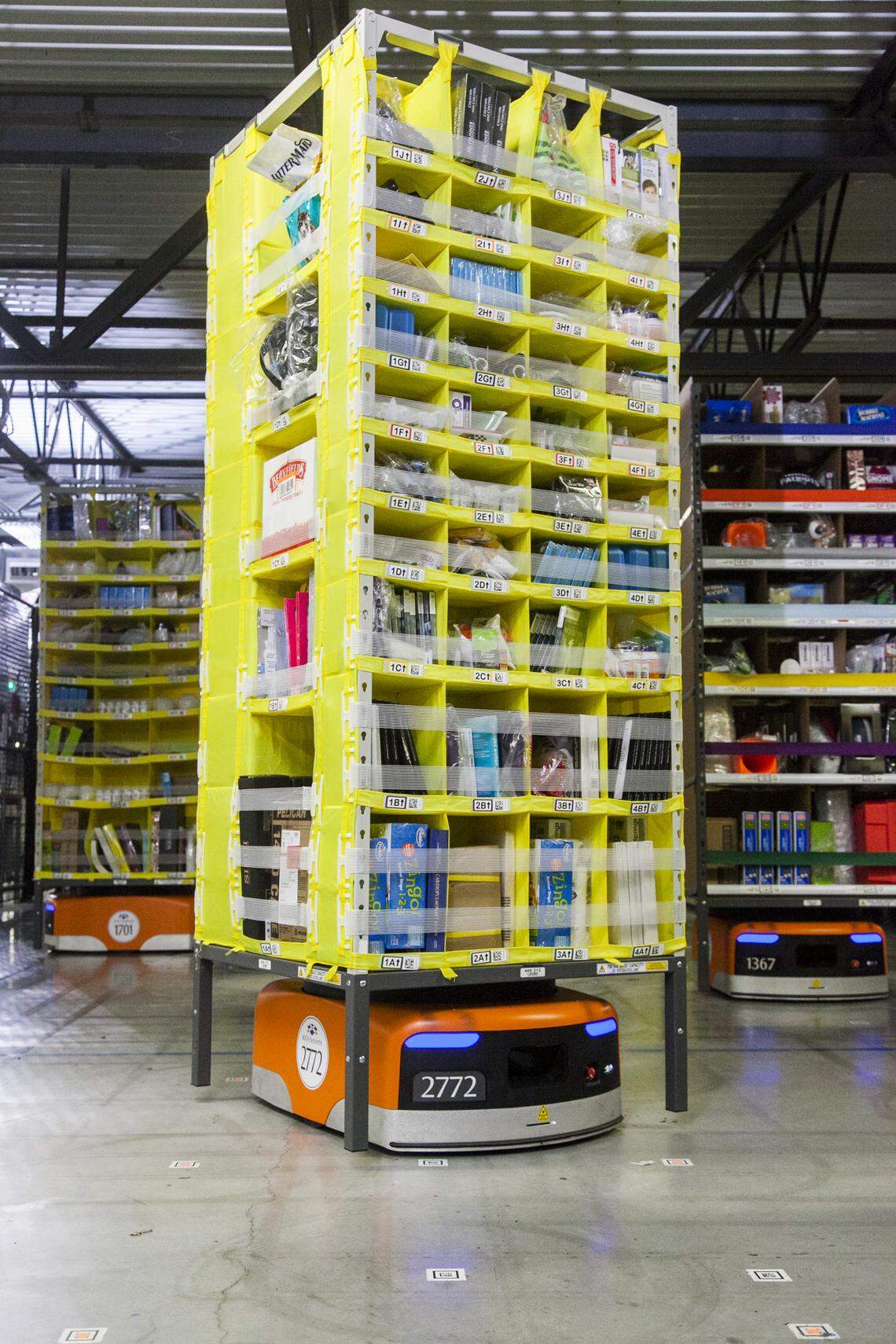An example of an Amazon robot that will move items around one of the company’s fulfillment centers. The robots help cut down the amount of walking that Amazon employees have to do at one of the fulfillment centers.