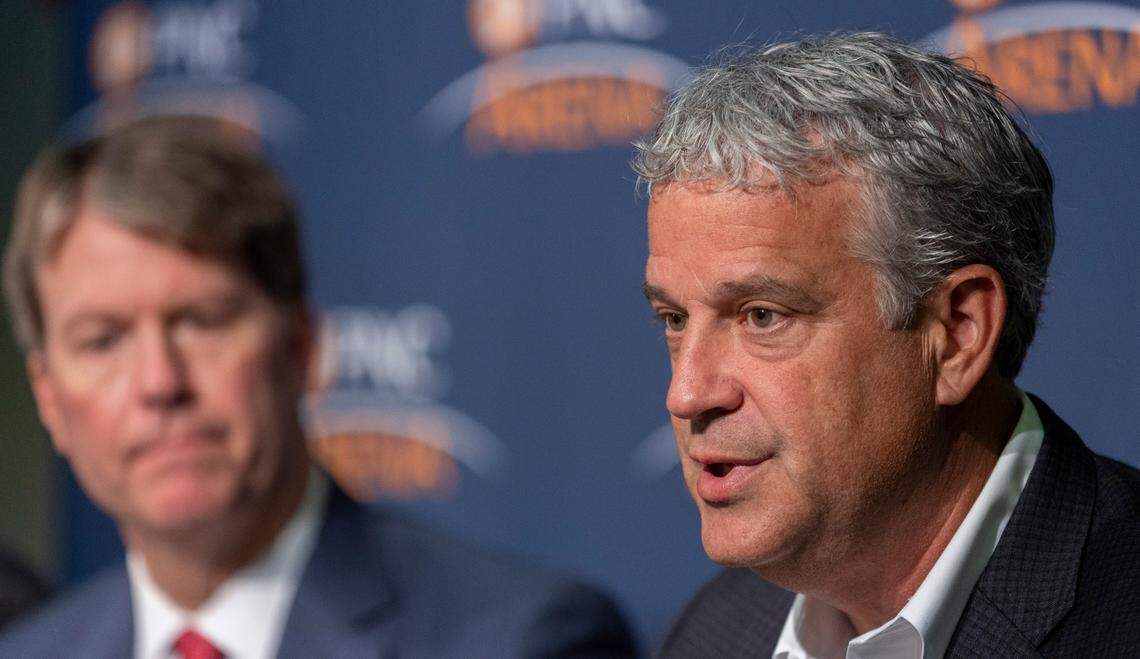 North Carolina State Athletic Director Boo Corrigan speaks during a press briefing on Tuesday, August 15, 2023 at PNC Arena in Raleigh, N.C., following the unanimous vote by the Centennial Authority to secure the long-term future of the Carolina Hurricanes in Raleigh and development of the property around PNC Arena and Carter-Finley Stadium.