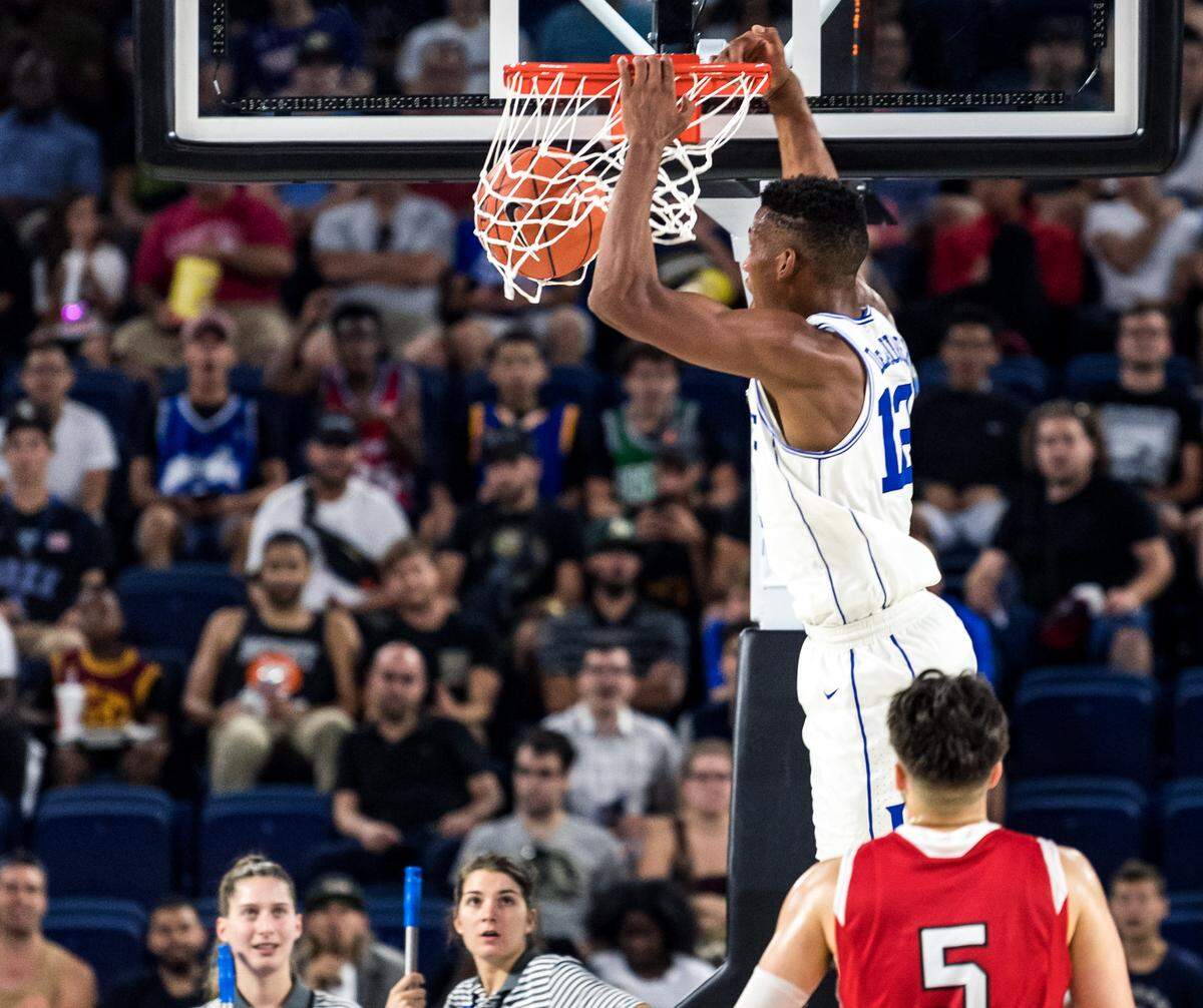 Duke junior forward Javin DeLaurier dunks during Sunday’s college basketball exhibition game with McGill at Place Bell in Laval, Quebec, Canada.