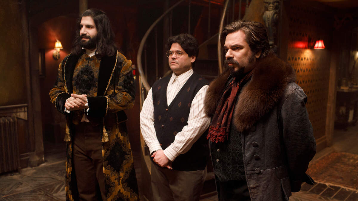 WHAT WE DO IN THE SHADOWS -- “Pilot” -- Season 1, Episode 1 - Pictured (l-r): Kayvan Novak as Nandor, Harvey Guillen as Guillermo, Matt Berry as Laszlo. CR: John P Johnson/FX