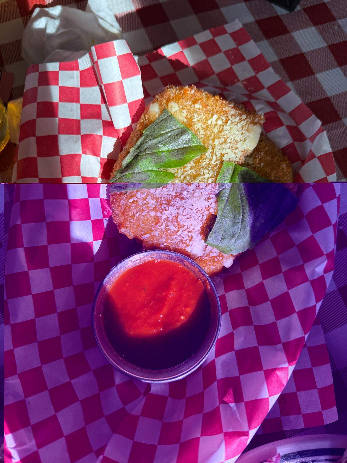 Rather than cheese sticks, the Fried Mozzarella at Dino’s Pizza is more raft-like, flat and rectangular. Maybe that’s why the cheese pulls are so epic.