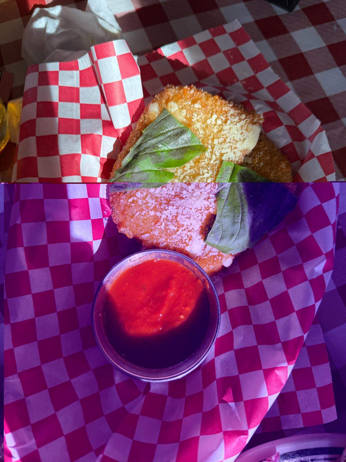 Rather than cheese sticks, the Fried Mozzarella at Dino’s Pizza is more raft-like, flat and rectangular. Maybe that’s why the cheese pulls are so epic.