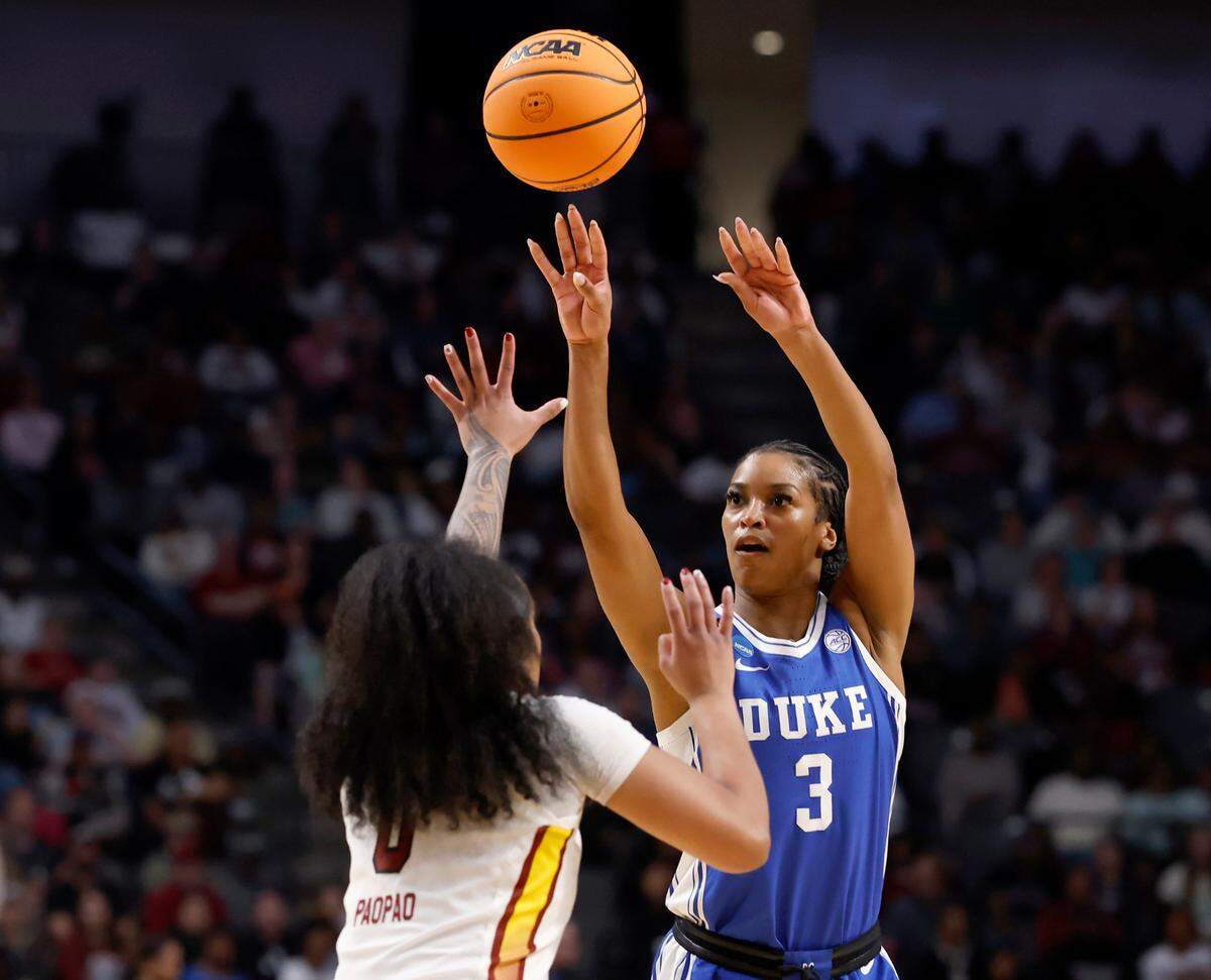 Duke’s Ashlon Jackson shoots over South Carolina’s Te-Hina Paopao during the second half of the Blue Devils’ 54-50 loss in the NCAA Tournament Elite Eight at Legacy Arena on Sunday, March 30, 2025, in Birmingham, Ala.
