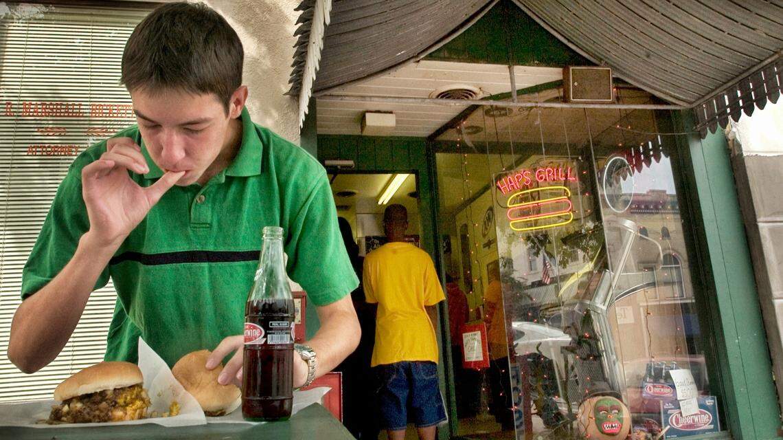 Hamburgers and hot dogs with chilli and onions from Hap’s Grill on Main Street in Salisbury, N.C. has been a tradition and pilgrimage for many for decades.