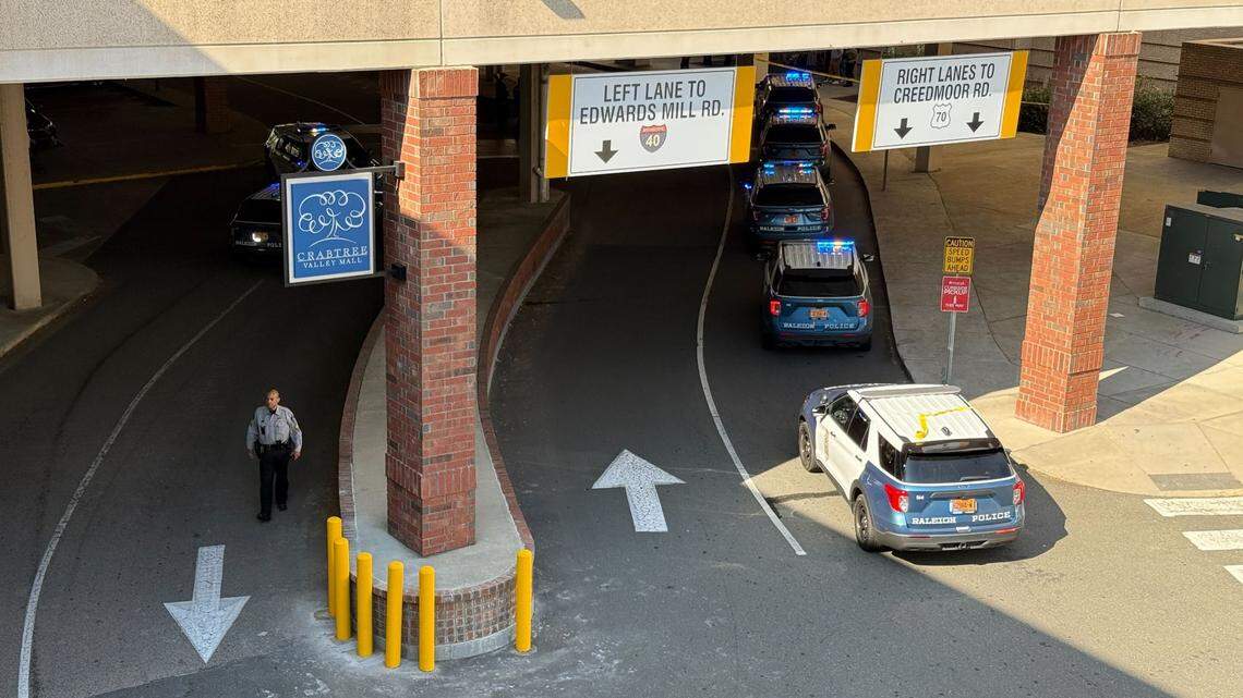 A heavy police presence near the Crabtree Valley Mall in Raleigh, NC, after reports of a shooting on Saturday, Oct. 26, 2024.