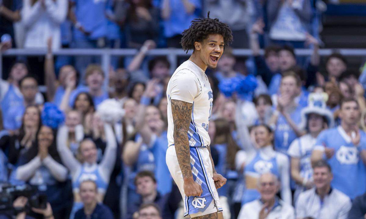 North Carolina guard Jonathan Powell (11) reacts after sinking a three-point basket in the first half against Virginia Tech on Saturday, February 28, 2026 at the Smith Center in Chapel Hill, N.C.