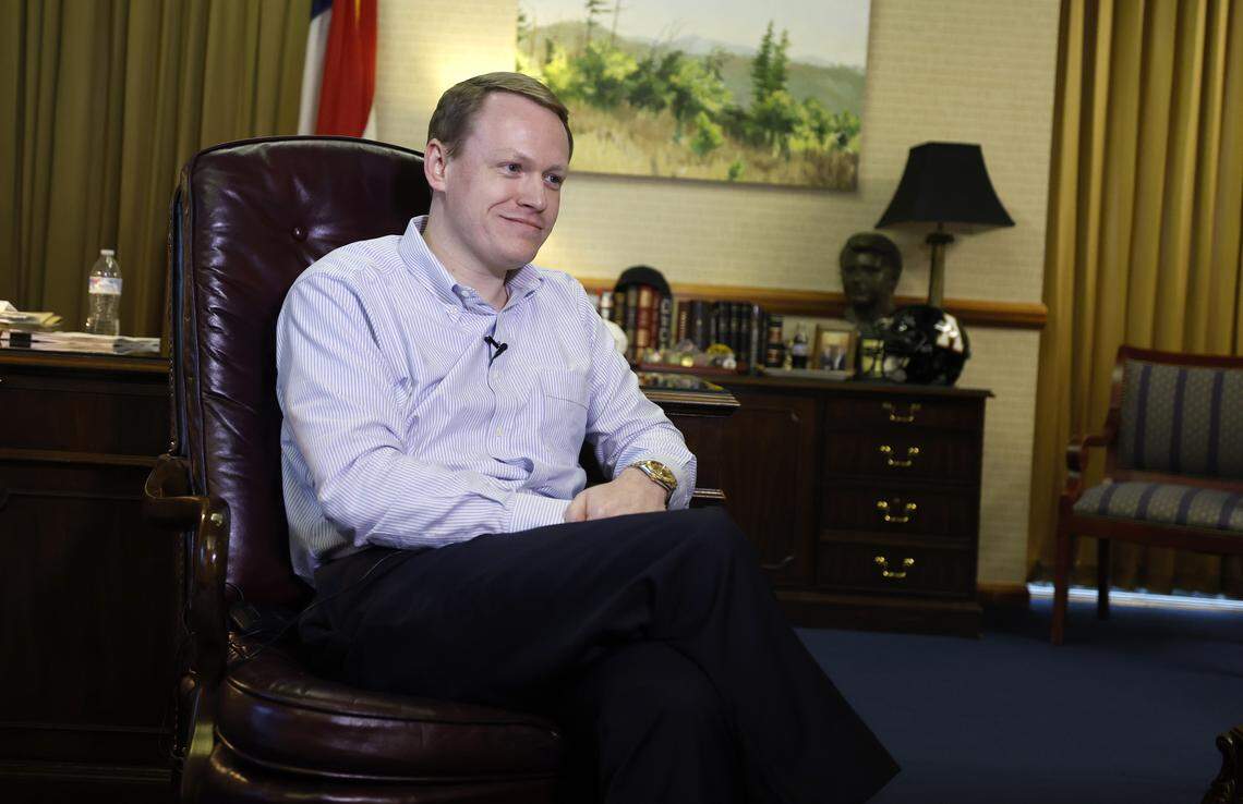 Republican House Speaker Destin Hall listens to a question while being interviewed in his office in the Legislative Building in Raleigh, N.C., Wednesday, Nov. 19, 2025.