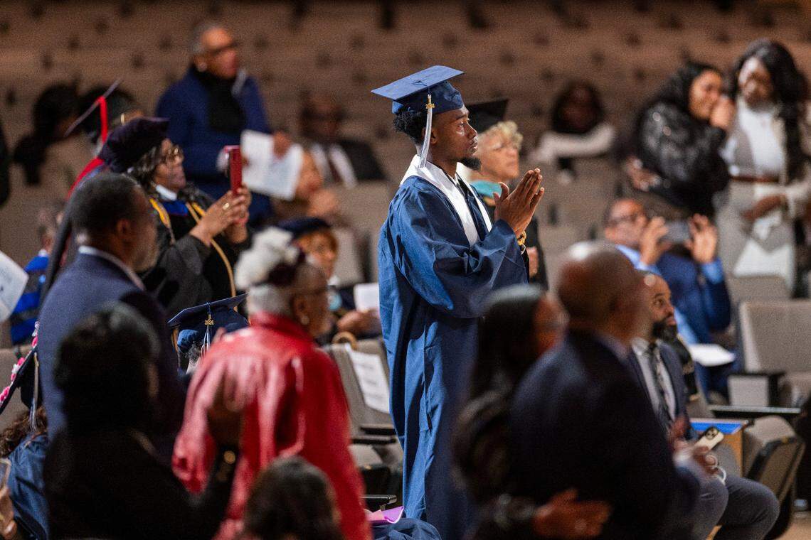 St. Augustine’s University graduates take part in a commencement ceremony at Wake Chapel Church in Raleigh on Friday, Dec. 13, 2024.
