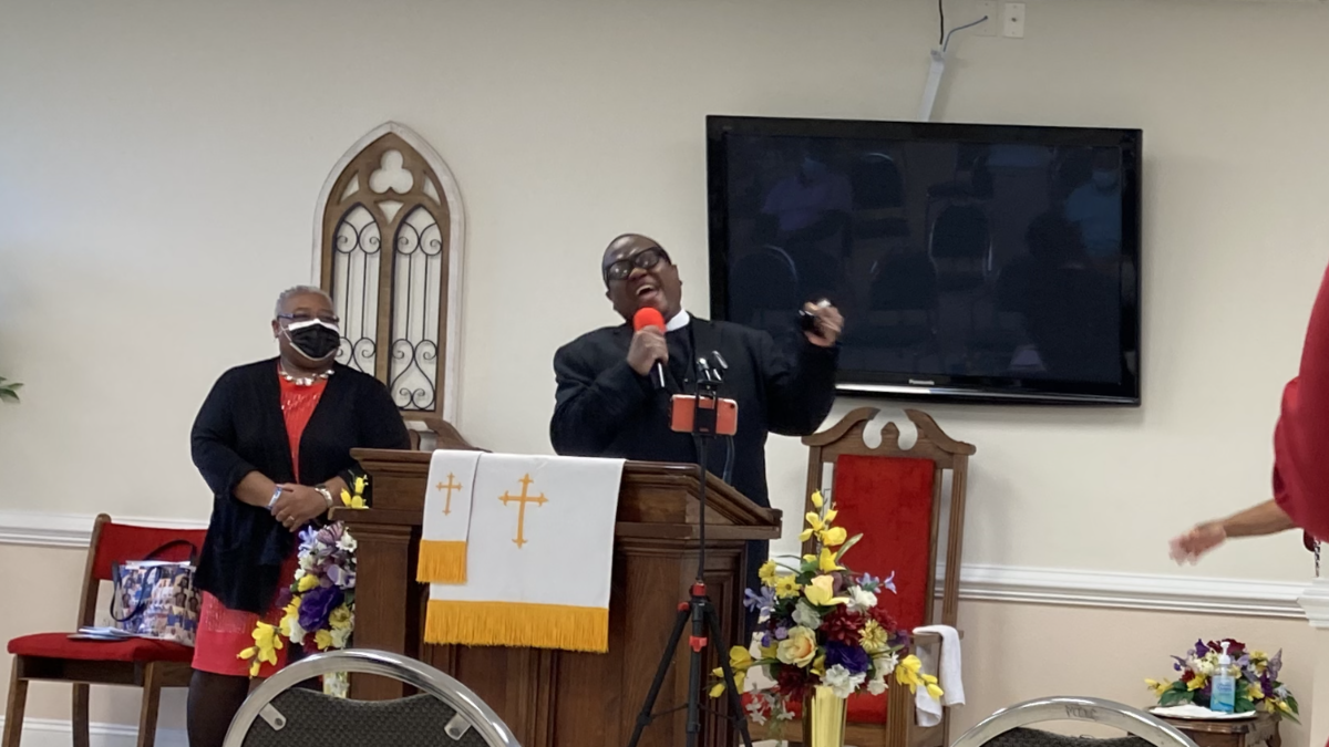 Rev. Javan Leach, the pastor at Mount Lebanon AME Zion Church in Elizabeth City delivers his sermon on Sunday, April 25. Civil rights leaders held a press conference at the church on Saturday calling for justice in the police shooting death of Andrew Brown, Jr.