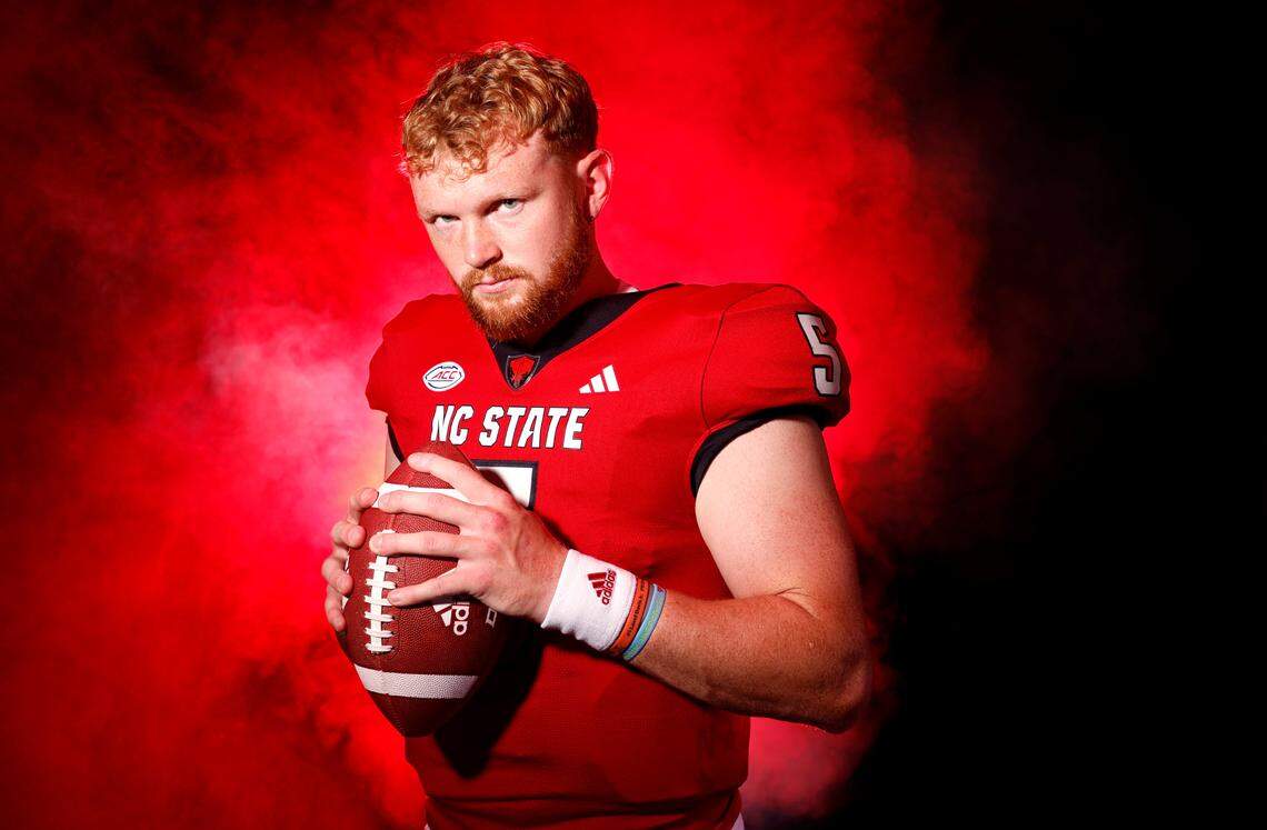 N.C. State quarterback Brennan Armstrong poses at Carter-Finley Stadium in Raleigh, N.C., Monday, July 24, 2023.