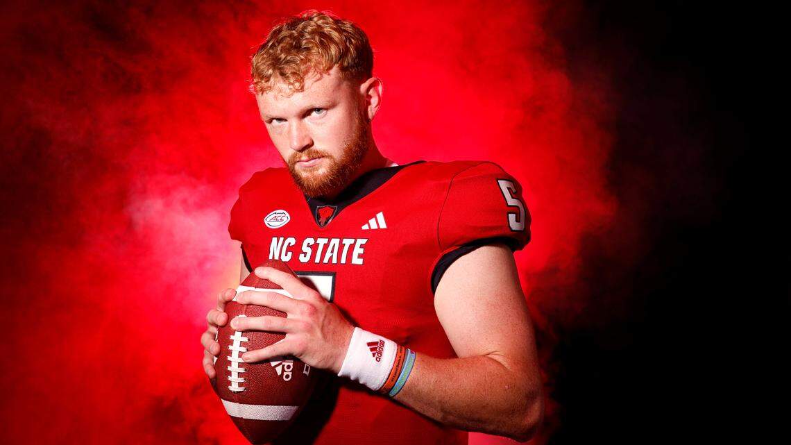N.C. State quarterback Brennan Armstrong poses at Carter-Finley Stadium in Raleigh, N.C., Monday, July 24, 2023.