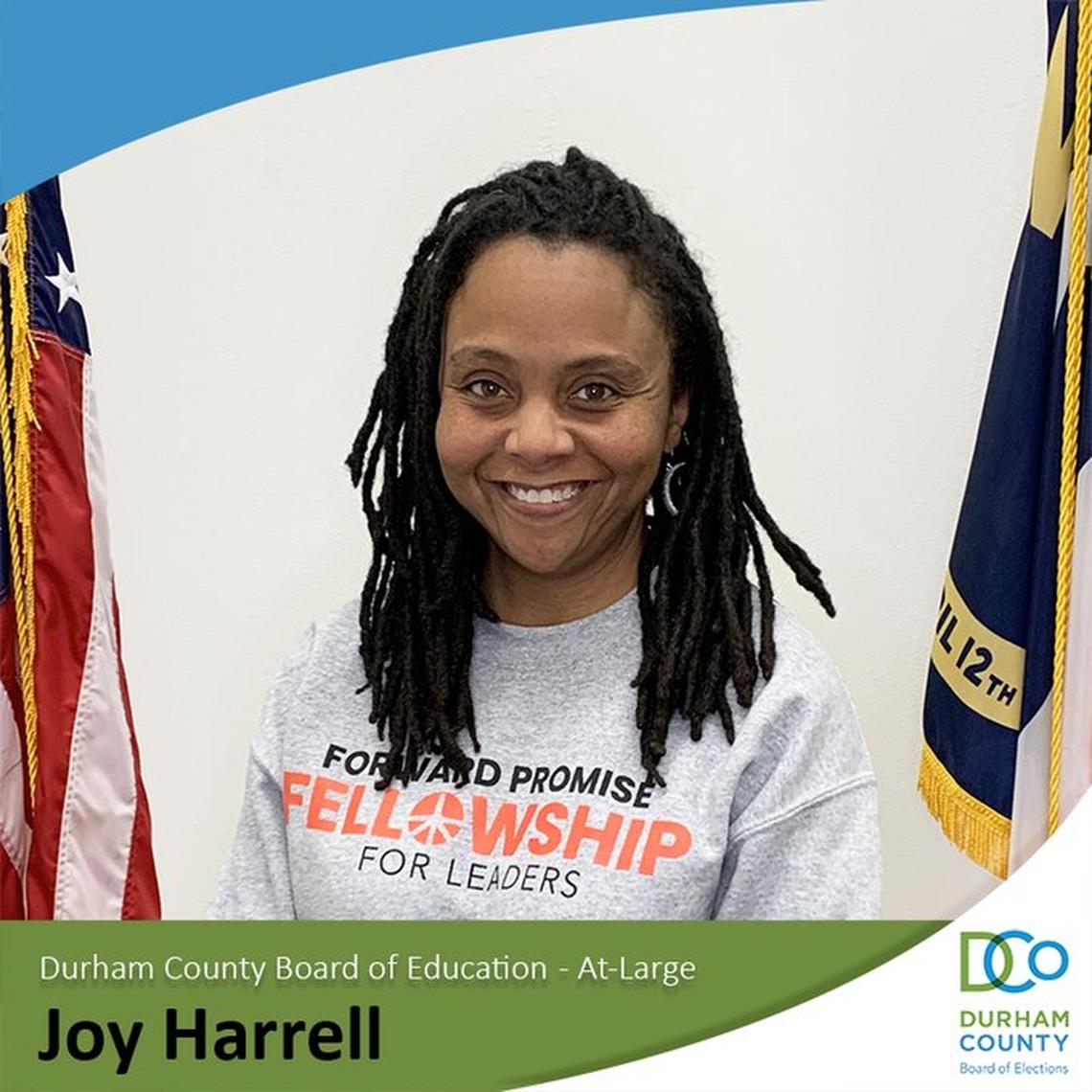 Joy Harrell was elected to an at-large seat on the Durham Public Schools Board of Education in 2024.