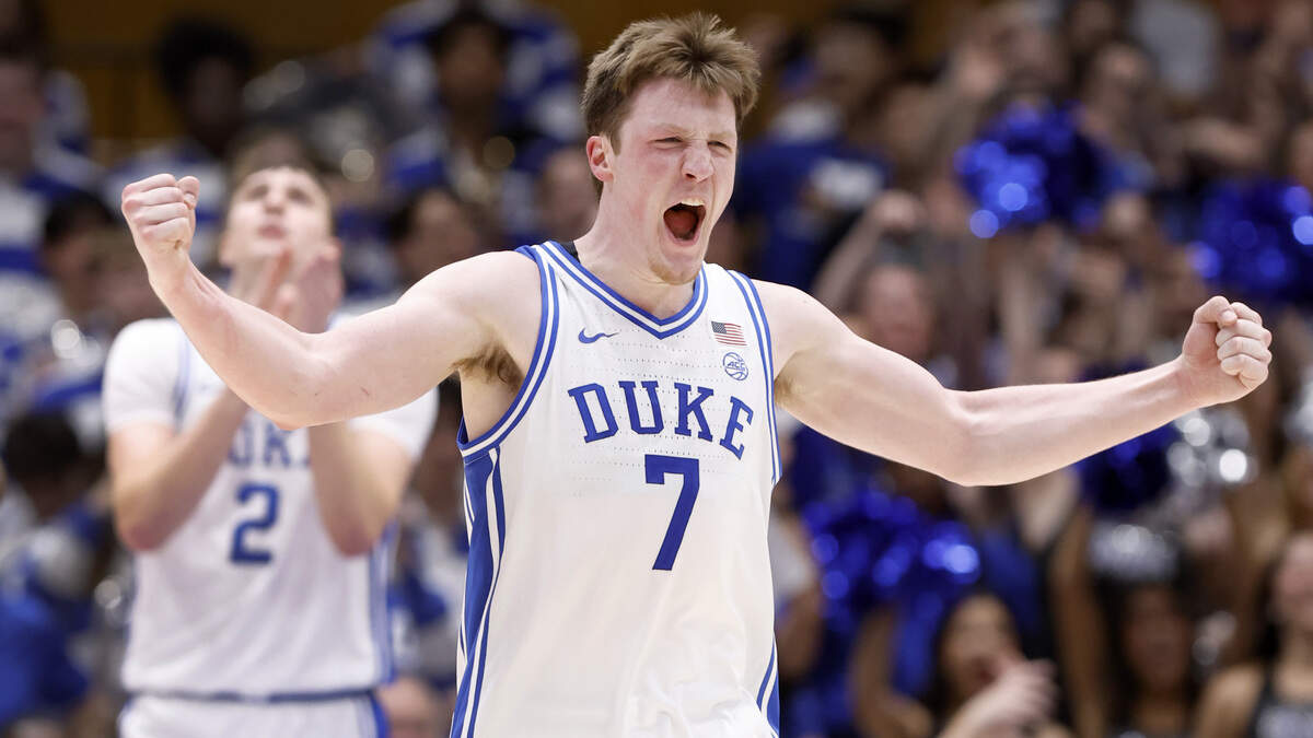 Duke’s Kon Knueppel (7) celebrates in the second half of Duke’s 93-60 victory over Wake Forest at Cameron Indoor Stadium in Durham, N.C., Monday, March 3, 2025.