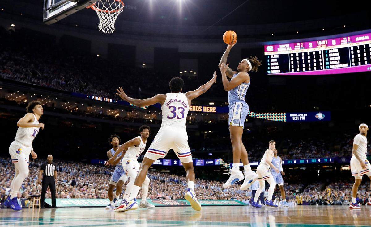 North Carolina’s Armando Bacot (5) shoots during the first half of UNCs game against Kansas in the NCAA Mens National Championship at the Caesars Superdome in New Orleans, La., Monday, April 4, 2022.
