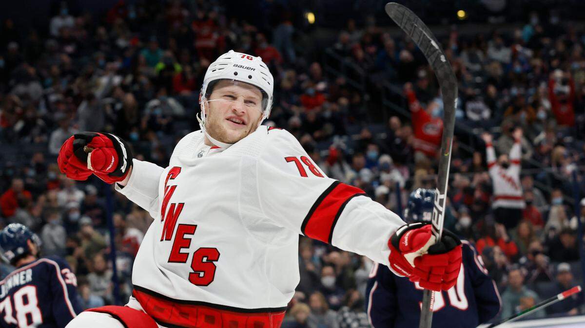 Carolina Hurricanes’ Steven Lorentz celebrates his goal against the Columbus Blue Jackets’ during the third period of an NHL hockey game Saturday, Jan. 1, 2022, in Columbus, Ohio. (AP Photo/Jay LaPrete)