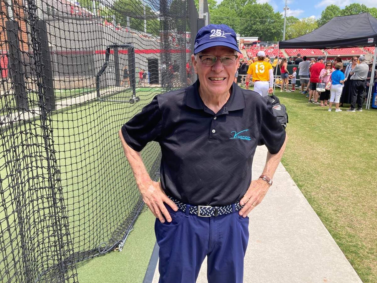 Dr. Joseph Moore, Jim Valvano’s oncologist in the last year of the NC State coach’s life, threw out a ceremonial first pitch at the “Victory Over Cancer” game April 28, 2024.