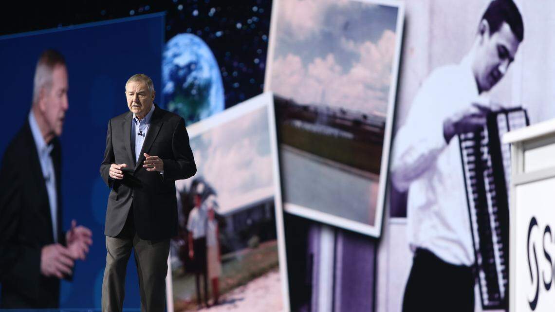SAS Institute CEO Jim Goodnight talks onstage at the SAS Global Forum in Dallas in 2019. As a young professor at N.C. State, Goodnight teamed with colleagues in the mid-1970s to create what eventually became SAS Institute. Today the Cary-based software giant employees 12,000 people.