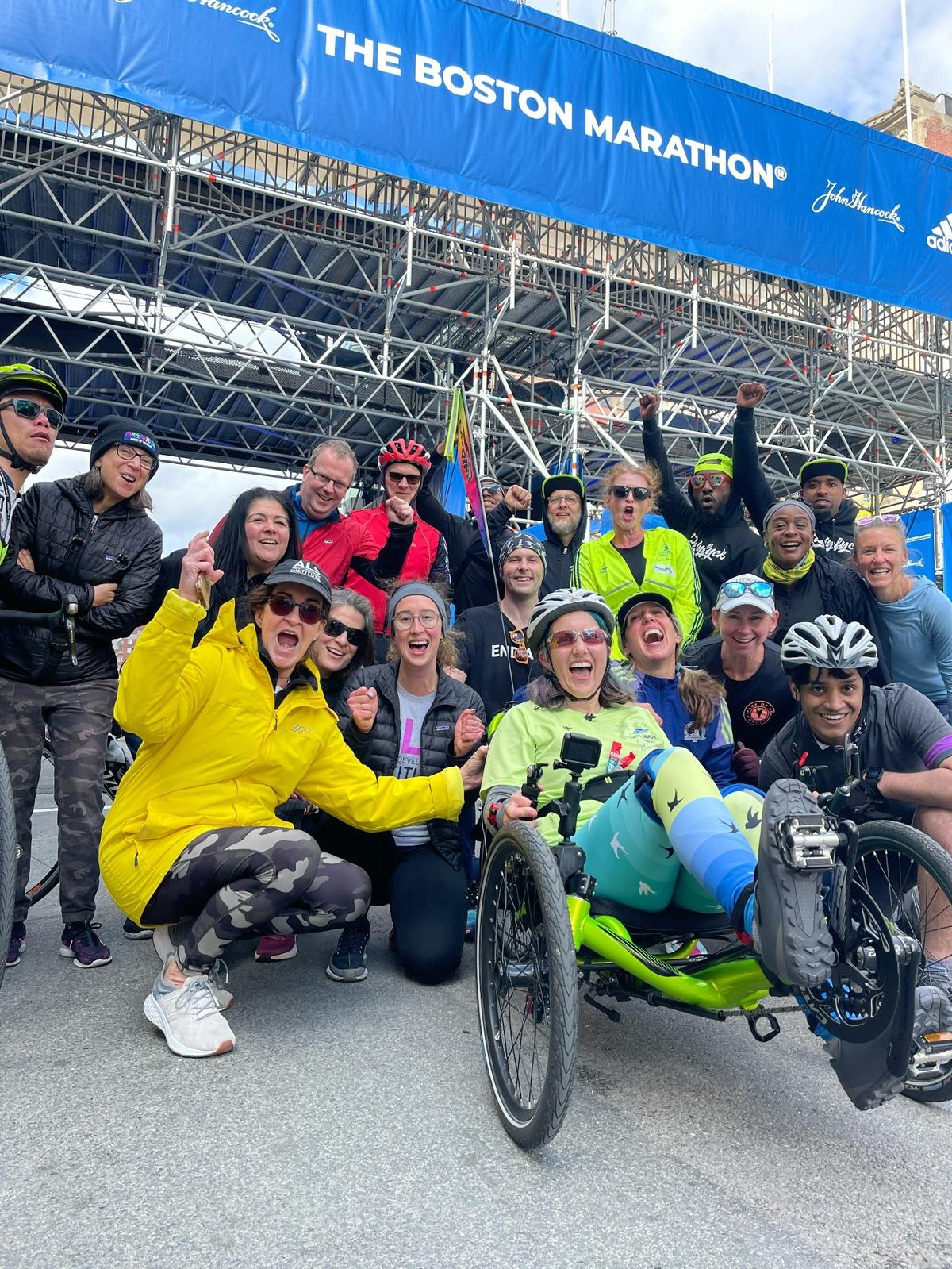 Andrea Peet, center, after finishing the Boston Marathon course in April 2022, the day before the official marathon.