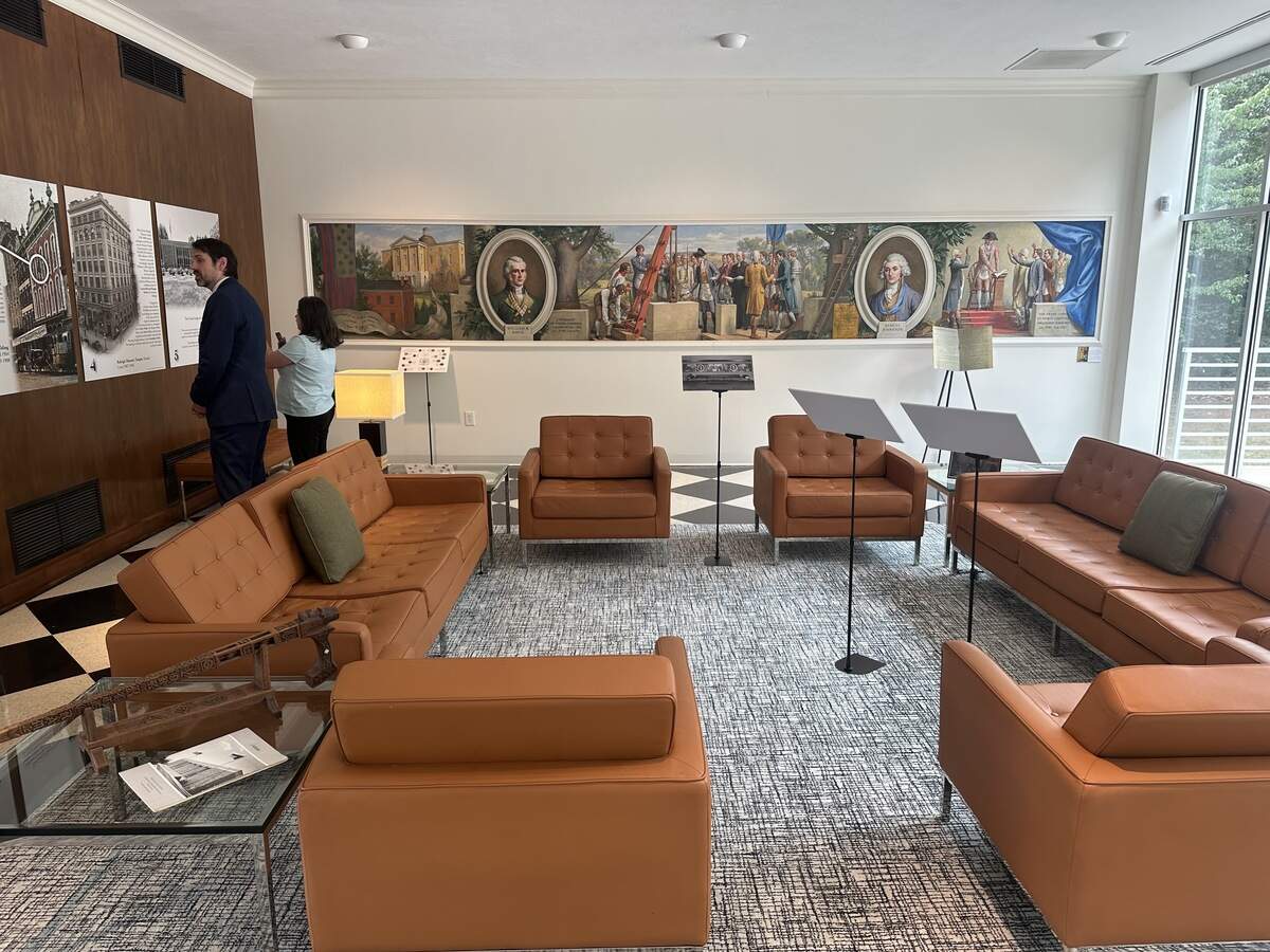 The meeting room at the Grand Lodge of Ancient, Free and Accepted Masons of North Carolina on Glenwood Avenue in Raleigh. The room was recently restored to the way it looked when the building opened in 1958.