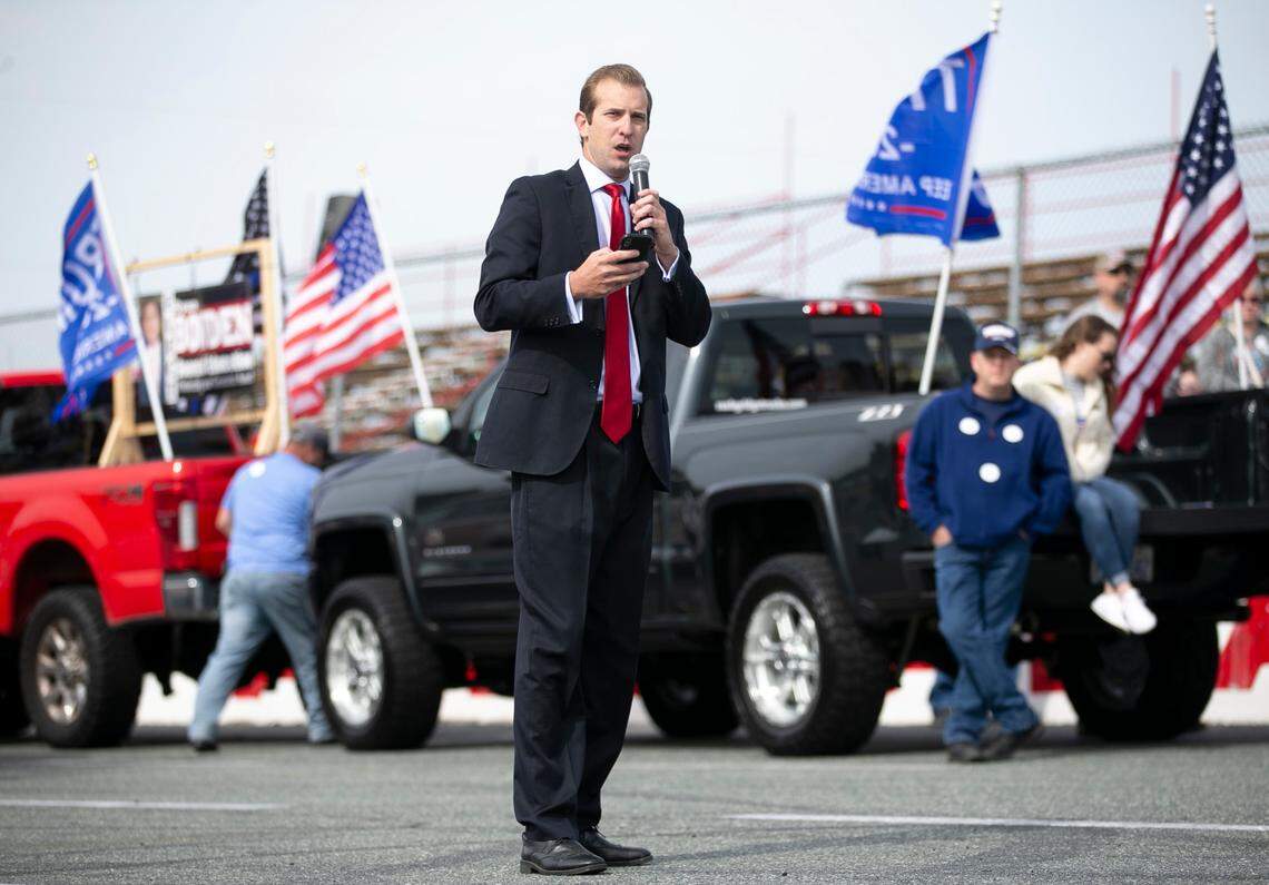 Jesse Hursey addresses the crowd prior to an Alamance County Trump Convoy at Ace Speedway on Saturday, September 19, 2020 in Elon, N.C.