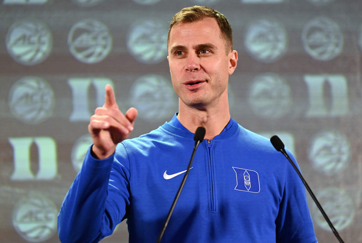 Duke head coach Jon Scheyer responds to a reporter’s question during the ACC Men’s TipOff event at the Hilton Charlotte Uptown Hotel on Wednesday, October 25, 2023 in Charlotte, NC.