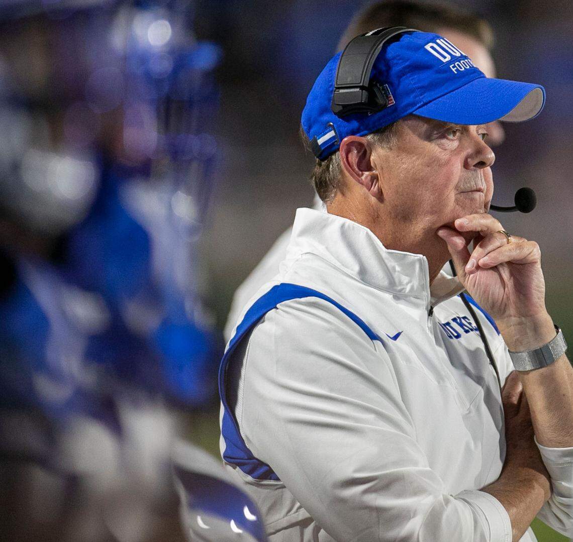 Duke coach David Cutcliffe watches his team on offense in the third quarter against North Carolina A&T on Friday, September 10, 2021 at Wallace Wade Stadium in Durham, N.C.