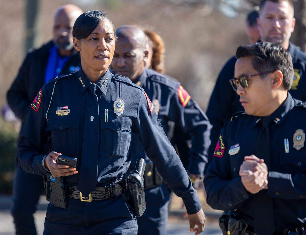 Raleigh Police Chief Estella Patterson arrives for a press conference briefing at N. Hills that left one person dead, one critically injured and one with non-life threatening injuries on Friday, January 17, 2025 in Raleigh, N.C.