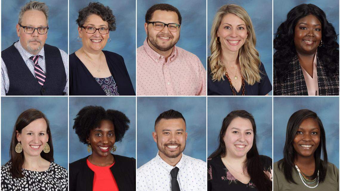 The Wake County school system announced its 10 finalists for 2020-21 Teacher of the Year. Top row, from left to right, are Gregory Eyman of Brentwood Elementary, Robin Giberson of Buckhorn Creek Elementary, Sean Hines of Mount Vernon Middle, Kimberly Holland of Oakview Elementary and Victoria Lightfoot of Cedar Forks Elementary. Bottom row, from left to right, are Kelly O’Hare of Olive Chapel Elementary, Jennifer Pride of Heritage Middle, Aaron Steele of Knightdale High. Bethany Wilcox of Leesville Road Middle and Bria Wright of Hortons Creek Elementary.