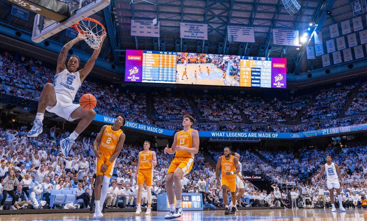 North Carolina’s Harrison Ingram (55) reacts after scoring eight pointS in the opening minutes of play against Tennessee on Wednesday, November 29, 2023 at the Smith Center in. Chapel Hill, N.C.
