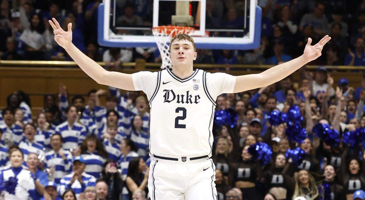 Duke’s Cooper Flagg (2) celebrates making a three-pointer during the second half of Duke’s 86-78 victory over Notre Dame at Cameron Indoor Stadium in Durham, N.C., Saturday, Jan. 11, 2025.