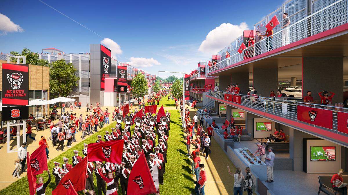 An artist’s rendering of some of the features in the proposed mixed-use entertainment district around the arena that currently houses the Carolina Hurricanes and N.C. State men’s basketball team, and the Wolfpack’s Carter-Finley Stadium.