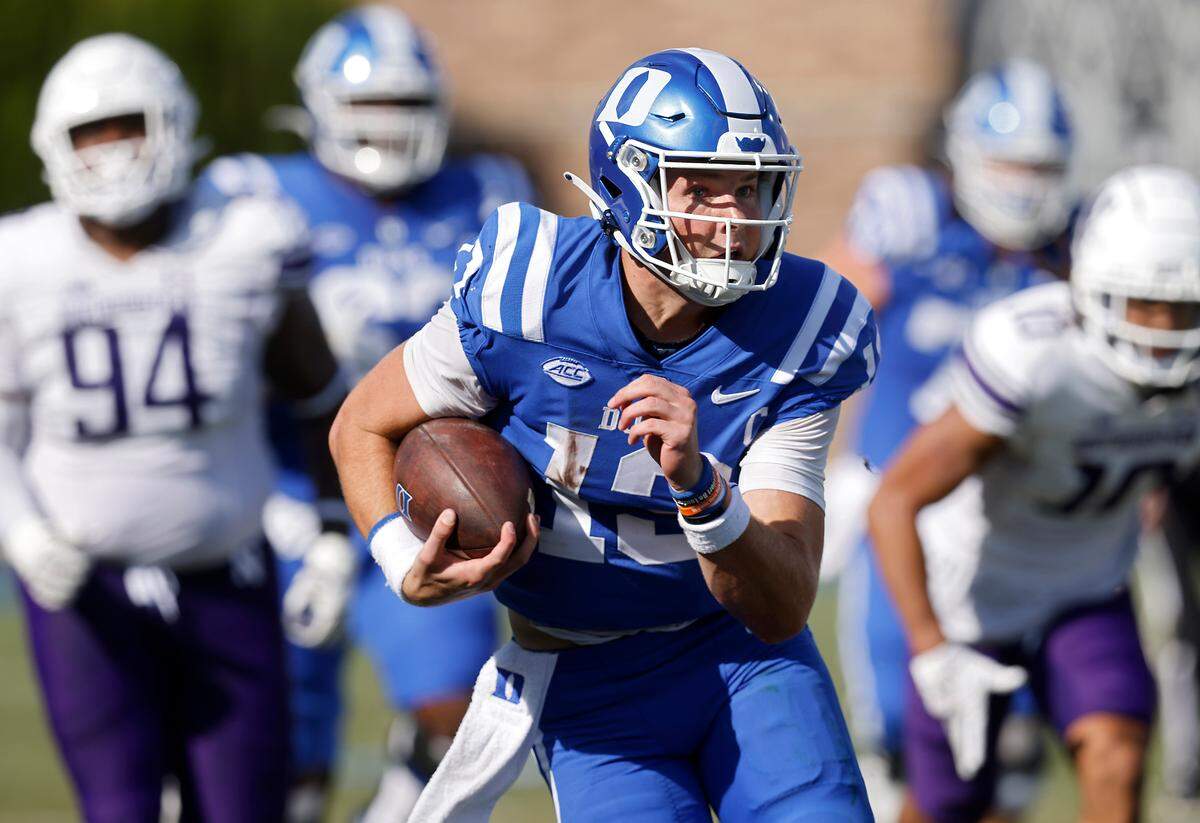 Duke quarterback Riley Leonard runs the ball during the first half of the Blue Devils’ game against Northwestern on Saturday, Sept. 16, 2023, at Wallace Wade Stadium in Durham, N.C.