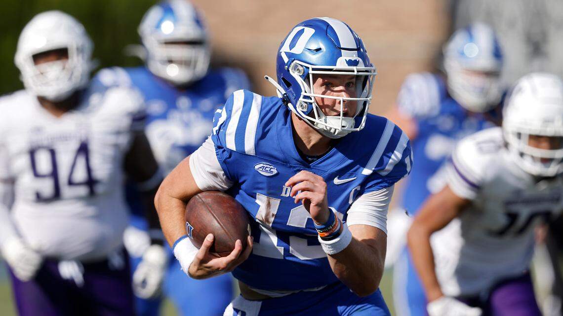Duke quarterback Riley Leonard runs the ball during the first half of the Blue Devils’ game against Northwestern on Saturday, Sept. 16, 2023, at Wallace Wade Stadium in Durham, N.C.