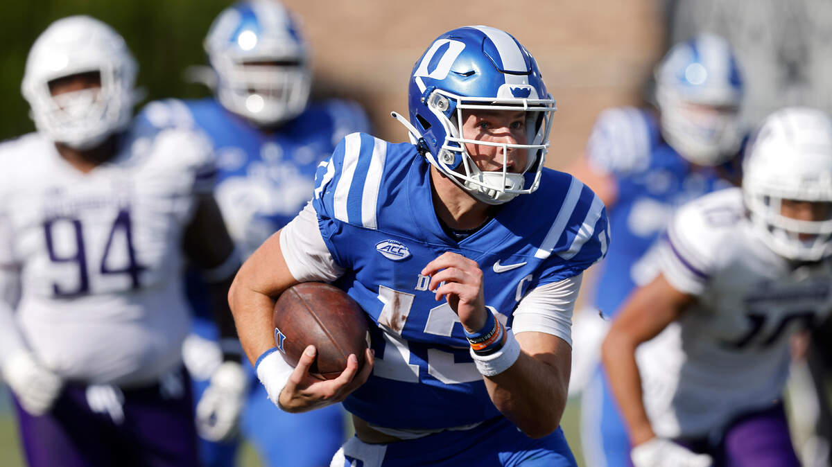 Duke quarterback Riley Leonard runs the ball during the first half of the Blue Devils’ game against Northwestern on Saturday, Sept. 16, 2023, at Wallace Wade Stadium in Durham, N.C.