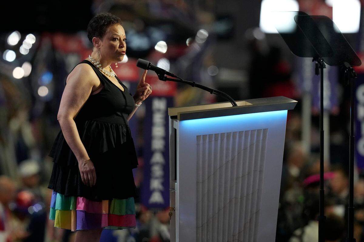 Annette Albright, North Carolina school teacher and former corrections officer, speaks during the final day of the Republican National Convention at the Fiserv Forum. The final day of the RNC featured a keynote address by Republican presidential nominee Donald Trump.