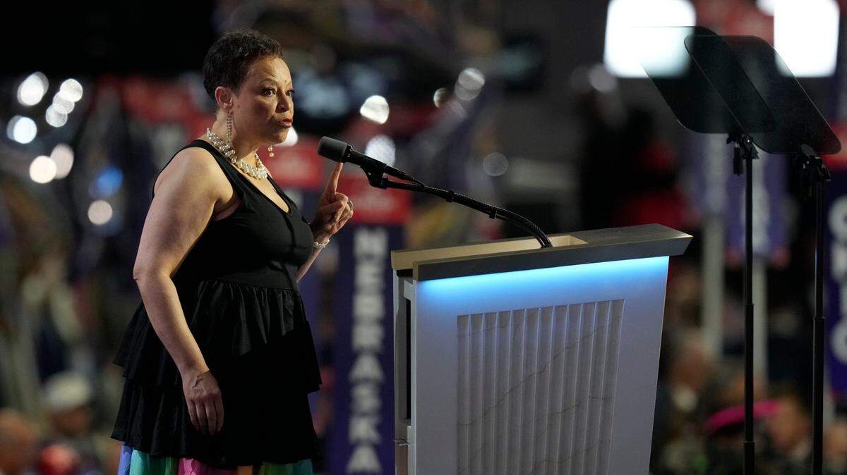 Annette Albright, North Carolina school teacher and former corrections officer, speaks during the final day of the Republican National Convention at the Fiserv Forum. The final day of the RNC featured a keynote address by Republican presidential nominee Donald Trump.