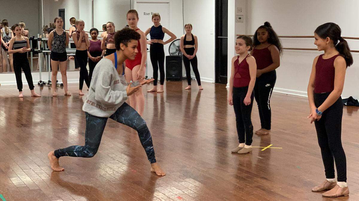 Ariana DeBose works with students at CC & Co. Dance Complex in Raleigh in 2019.
