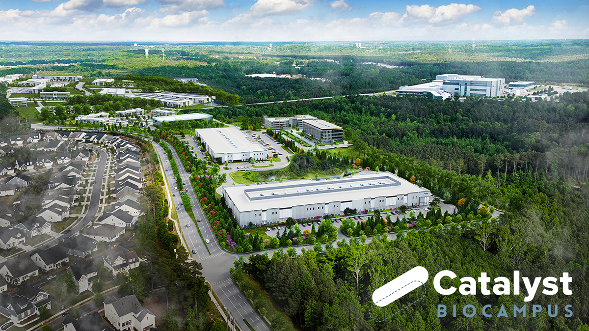 A rendering of Catalyst BioCampus, which promises “up to 446,000 square feet” of additional biomanufacturing, lab, and office space at Oakview Innovation Park in Holly Springs.